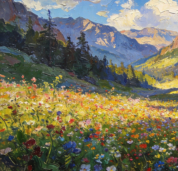 Small Landscape Paintings, Mountain Meadow in Bloom, A Lush Floral Landscape, Original Wall Paintings, Original Artwork Small Paintings, On Canvas Small Wall Paintings, Hand Painted Canvas Art-Paintingforhome