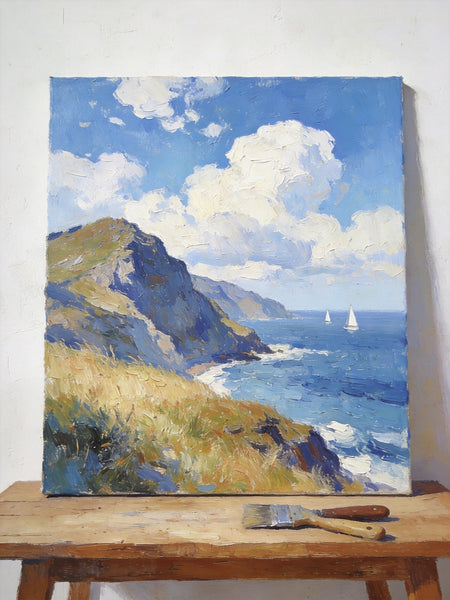 Original Landscape Paintings, Sails Beneath the Cliffside Clouds, Hand Painted Canvas Art, Small Canvas Wall Art Paintings, Buy Small Paintings Online, Original Oil Paintings-Paintingforhome