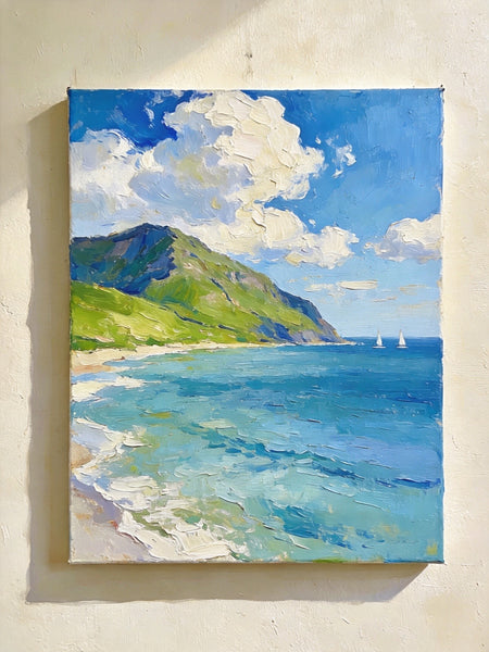 Hand Painted Canvas Art, Sunlit Coastal Sails‌, Original Landscape Paintings, Original Oil Paintings, Small Canvas Wall Art Paintings, Buy Small Paintings Online-Paintingforhome
