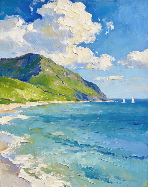 Hand Painted Canvas Art, Sunlit Coastal Sails‌, Original Landscape Paintings, Original Oil Paintings, Small Canvas Wall Art Paintings, Buy Small Paintings Online-Paintingforhome