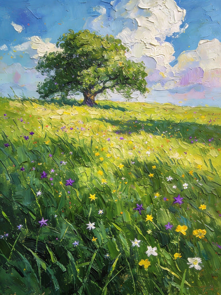 Springtime Landscape, A Vibrant Meadow under a Cloudy Sky, On Canvas Small Paintings, Landscape Oil Paintings, Hand Painted Canvas Art, Original Artwork Small Paintings on Wall-Paintingforhome