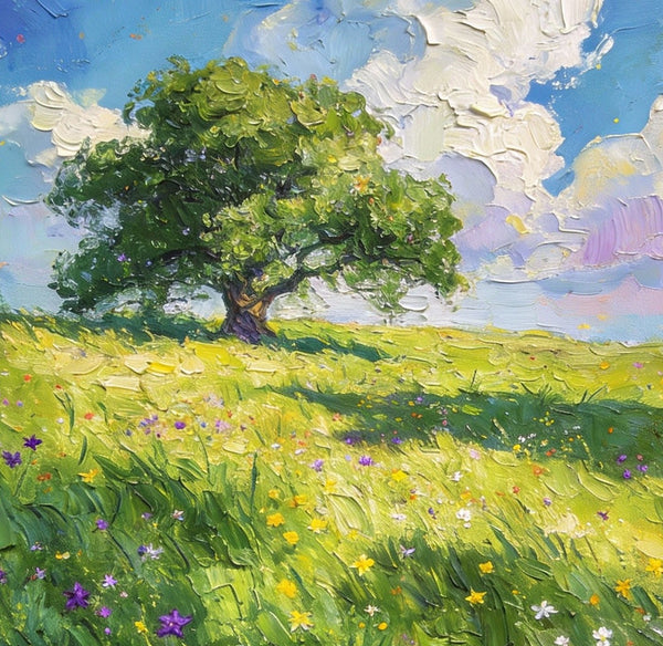 Springtime Landscape, A Vibrant Meadow under a Cloudy Sky, On Canvas Small Paintings, Landscape Oil Paintings, Hand Painted Canvas Art, Original Artwork Small Paintings on Wall-Paintingforhome