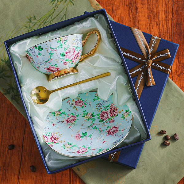 Porcelain Tea Cup and Saucer Set, Elegant British Ceramic Coffee Cup with Saucer, Floral British Tea Cup and Saucer in Gift Box-Paintingforhome
