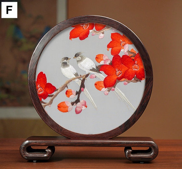 Flower and Bird Embroidery Ornaments, Unique Birthday Gift, Traditional Chinese Suzhou Silk Embroidered Ornament, Premium Souvenir, Exclusive Business Presents-Paintingforhome