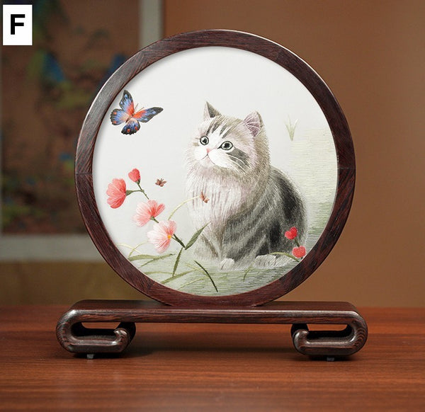 Exclusive Business Present, Lovely Kitty Cat Embroidered Decor, Premium Souvenir, Unique Birthday Gift, Traditional Chinese Suzhou Kitten Embroidery Ornament-Paintingforhome
