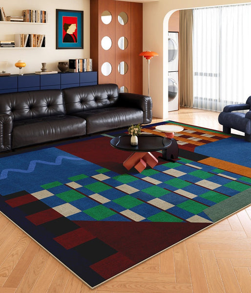 Mid Century Modern Rugs in Living Room, Bedroom Modern Rugs, Large Modern Rugs for Sale, Blue Contemporary Floor Carpets under Sofa