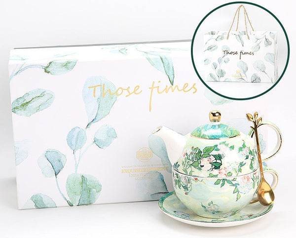 Vintage Style Stackable Tea Pot Set, English Style Tea Pot and Cup Set, Ceramic Tea Pot with Integrated Cup, Mother-and-Baby Teapot with Matching Saucer-Paintingforhome