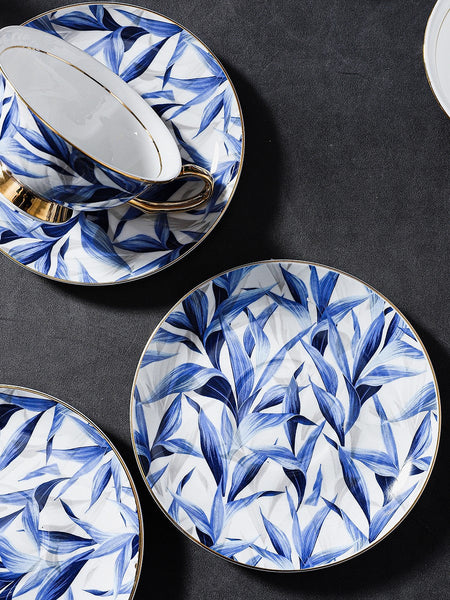 Unique British Tea Cup and Saucer in Gift Box, Blue Porcelain Tea Cup Saucer Set, 7.4 oz British Ceramic Coffee Cups-Paintingforhome