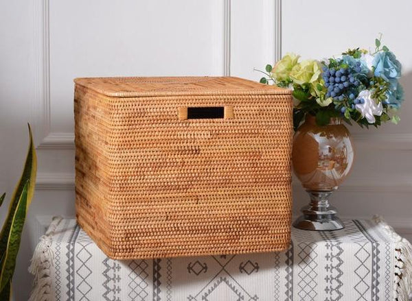 Extra Large Rattan Storage Baskets for Clothes, Rectangular Storage Basket with Lid, Kitchen Storage Baskets, Oversized Storage Baskets for Bedroom-Paintingforhome