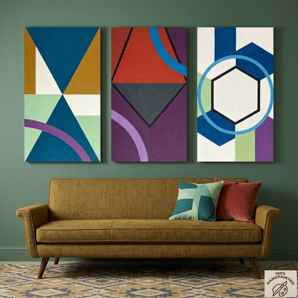 Geometric Abstract Paintings for Modernism Living Room Decor, Multi Panel Canvas Art, Extra Large Group Paintings, Hand Painted Artwork