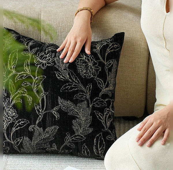 Contemporary Modern Sofa Pillows, Black Embroidery Flower Pattern Pillows for Couch, Decorative Throw Pillows for Bedroom, Large Modern Sofa Pillow for Dining Room-Paintingforhome