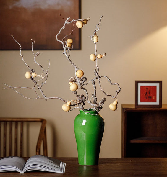 Handmade Water Holding Flower Vase, Centerpiece Ceramic Bud Vases, Green Porcelain Flower Vases, Vintage Flower Vases on Table-Paintingforhome