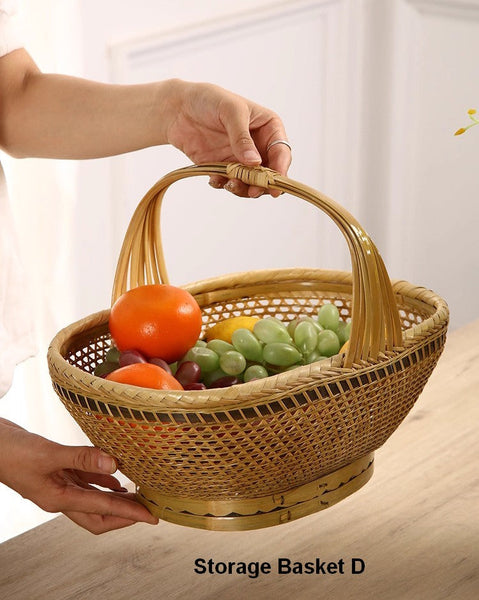 Natural Hand-woven Bamboo Basket, Extra Large Picnic Food Basket with Handle, Lovely Bamboo Baskets for Vegetable, Natural Fruit Basket Kitchen Storage Baskets-Paintingforhome