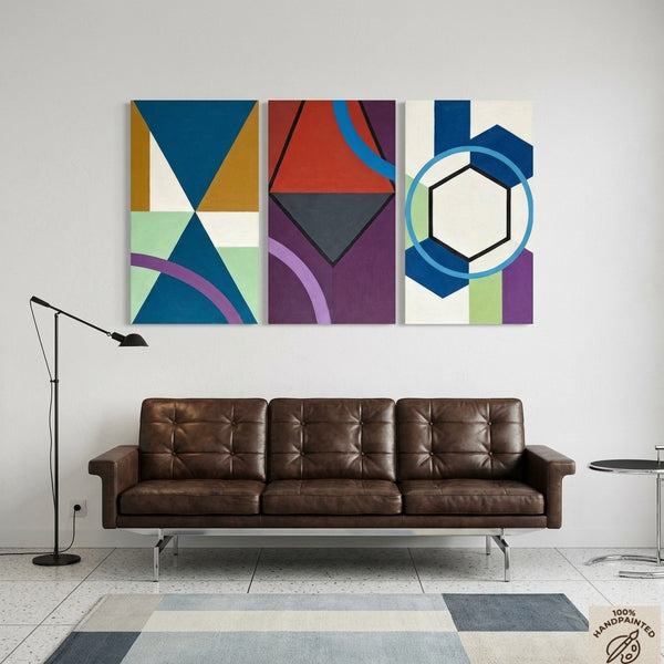Geometric Abstract Paintings for Modernism Living Room Decor, Multi Panel Canvas Art, Extra Large Group Paintings, Hand Painted Artwork