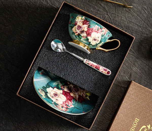 Rose Royal Ceramic Cups, Elegant Flower Ceramic Coffee Cups, Afternoon Porcelain Tea Cup Saucer Set, 6.8 oz Tea Cup and Saucer in Gift Box-Paintingforhome