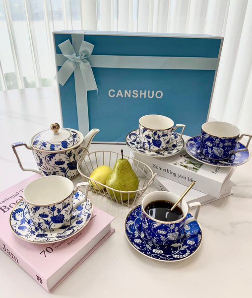 Unique British Traditional Afternoon Tea Cup Set with Teapot, 8 oz Ceramic Coffee Cup with Saucer Set of 4 cups in Gift Box, Blue Porcelain Tea Cup and Saucer Set-Paintingforhome