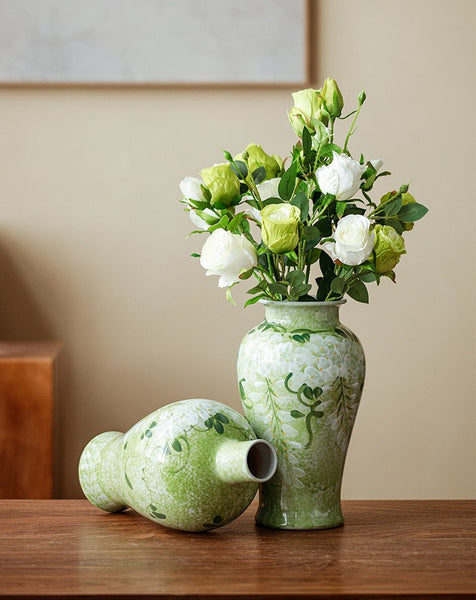 Large Flower Vases on Table, Green Porcelain Flower Vases, Centerpiece Ceramic Bud Vases, Handmade Water Holding Flower Vase-Paintingforhome