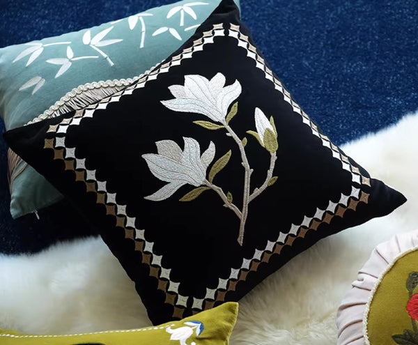 Decorative Pillow Arrangement Ideas for Couch, Magnolia Embroidered Cushion, Large Decorative Pillows for Couch, Modern Throw Pillows for Bedroom, Living Room Decorative Pillows-Paintingforhome