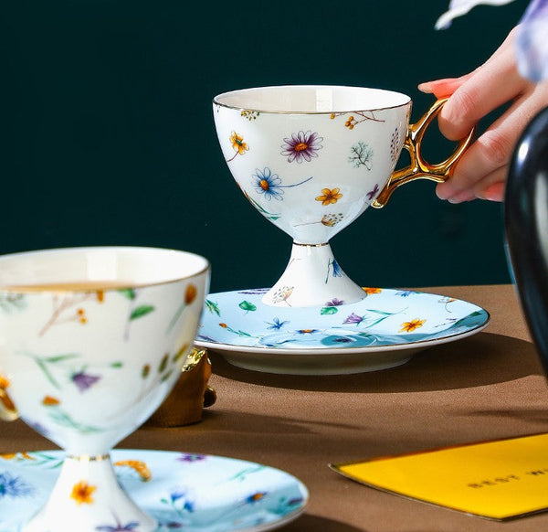 Elegant British Ceramic Coffee Cup with Saucer, 6.8 oz Tea Cup and Saucer Set in Gift Box, Floral Porcelain Tea Cup and Saucer Set, Flower Ceramic Tea Cup and Saucer-Paintingforhome