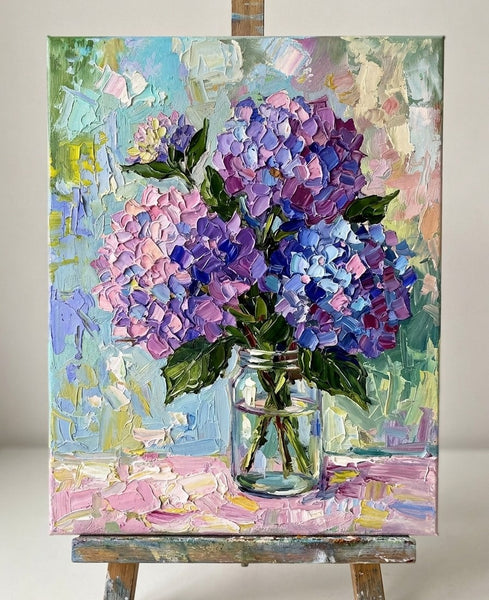Hand Painted Canvas Art, Original Flower Paintings, Blue and Purple Hydrangea Flowers in Glass Vase, Small Canvas Artwork, Impasto Canvas Artwork, Original Oil Paintings