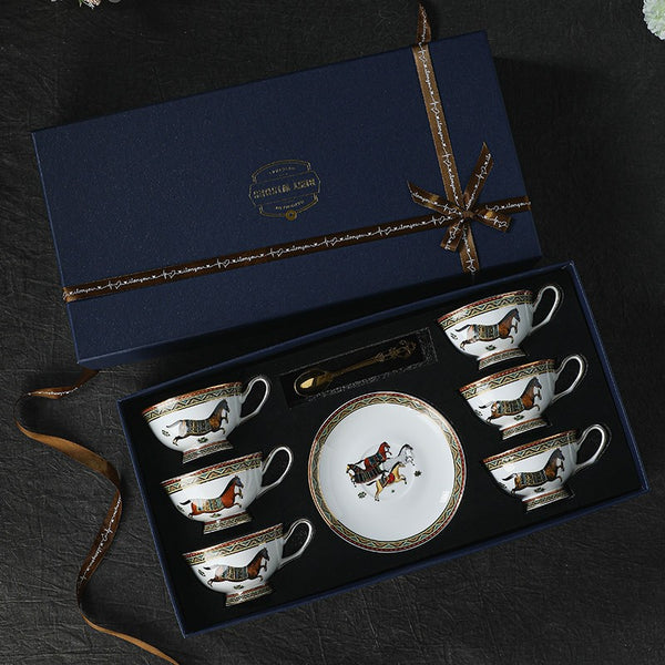 Porcelain Tea Cup and Saucer Set, 7.4 oz British Horse Pattern Coffee Cup with Saucer, Ceramic Tea Cup and Saucer in Gift Box-Paintingforhome