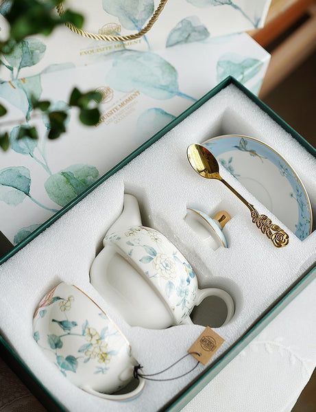 Stackable Teapot and Cup Set, Ceramic Tea Pot with Integrated Cup, Porcelain Teapot with Matching Cup and Saucer in Gift Box, Mother-and-Baby Teapot with Matching Saucer-Paintingforhome