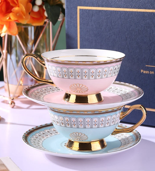 Royal Blue and Pink Porcelain Tea Cup Saucer Set, Tea Cup and Saucer in Gift Box, Elegant Ceramic Coffee Cups, Beautiful British Tea Cups-Paintingforhome