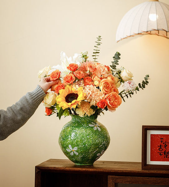 Modern Pottery Flower Vases, Centerpiece on Dining Table, Handmade Water Holding Flower Vases, Pottery Bud Vases, Large Green Flower Vases on Table-Paintingforhome