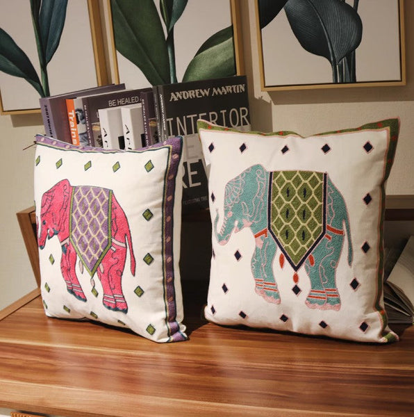 Cotton Decorative Pillows, Elephant Embroider Cotton Pillow Covers, Farmhouse Decorative Sofa Pillows, Decorative Throw Pillows for Couch-Paintingforhome