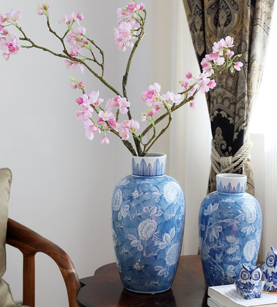 Large Flower Vases on Dining Table, Blue Porcelain Flower Vases, Centerpiece Ceramic Bouquet Vases, Handmade Modern Flower Vase-Paintingforhome
