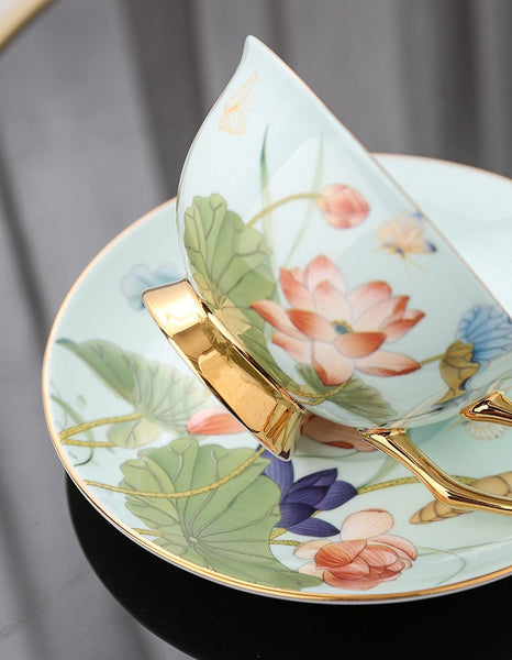 Unique British Tea Cup and Saucer in Gift Box, Lotus Flower Porcelain Tea Cup Saucer Set, Elegant British Ceramic Coffee Cups-Paintingforhome