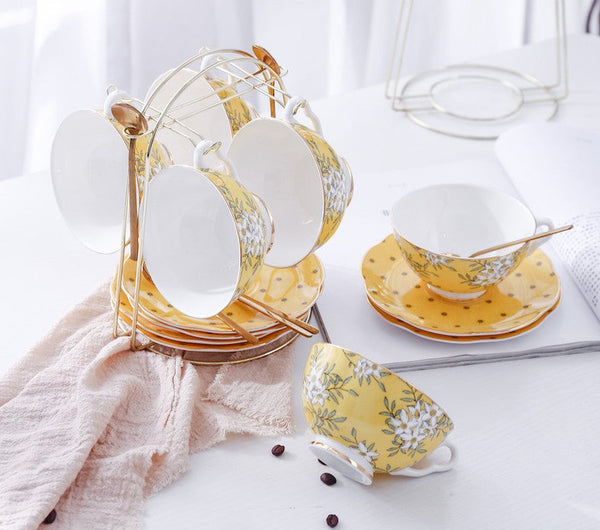 Creative Yellow Ceramic Coffee Cups, Unique Flower Coffee Cup and Saucer, Beautiful British Tea Cups, Creative Porcelain Tea Cup Set-Paintingforhome