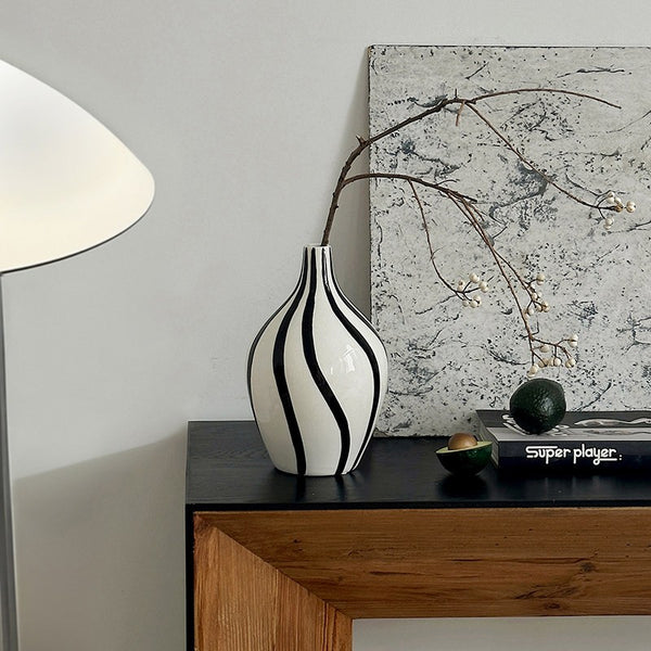 Water Holding Flower Vases, Black and White Striped Ceramic Vase, Porcelain Flower Vases, Modern Flower Vases on Table-Paintingforhome