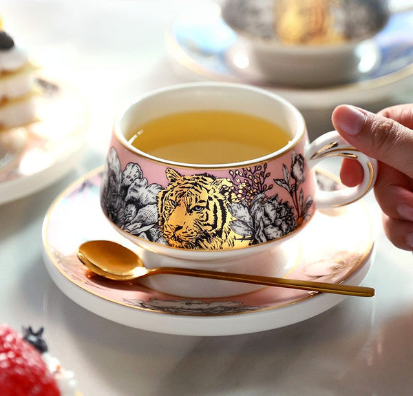 Handmade Ceramic Cups with Gold Trim and Gift Box, Jungle Tiger Cheetah Porcelain Coffee Cups, Creative Ceramic Tea Cup and Saucer-Paintingforhome