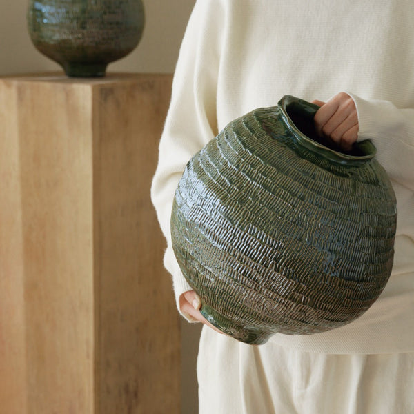 Centerpiece Ceramic Bouquet Vases, Green Porcelain Vases for Modern Home Decor, Large Contemporary Vases on Dining Table, Handmade Modern Flower Vase-Paintingforhome