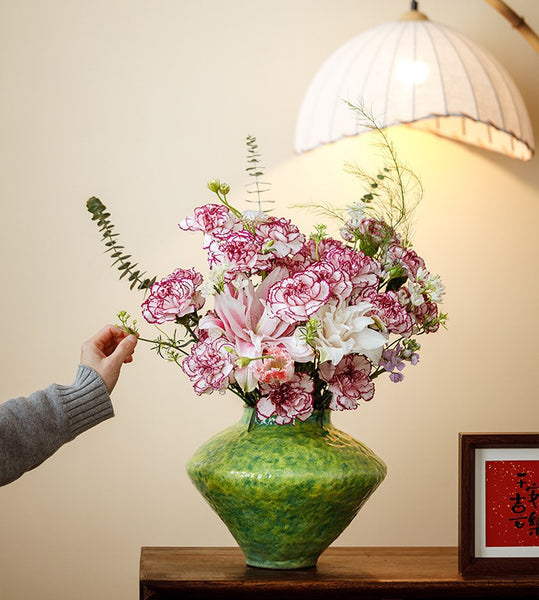 Modern Pottery Flower Vases, Handmade Water Holding Flower Vases, Pottery Bud Vases, Large Green Flower Vases on Table, Centerpiece on Dining Table-Paintingforhome