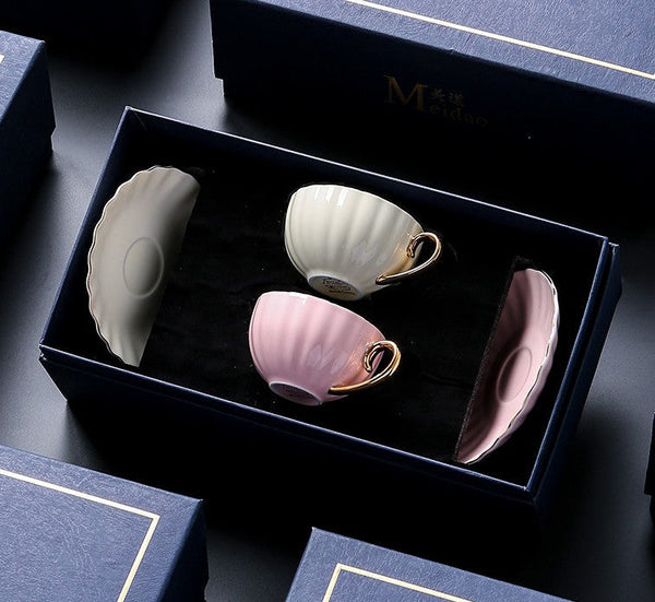 Elegant Macaroon Ceramic Coffee Cups, Beautiful British Tea Cups, Creative Porcelain Tea Cup Saucer Set of 2 Cups, 6.8 oz Tea Cup and Saucer in Gift Box as Birthday Gift-Paintingforhome