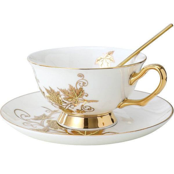 Elegant British Ceramic Coffee Cups, 7.4 oz Golden Leaves and Grapes Porcelain Tea Cup Saucer Set, Unique British Tea Cup and Saucer in Gift Box-Paintingforhome