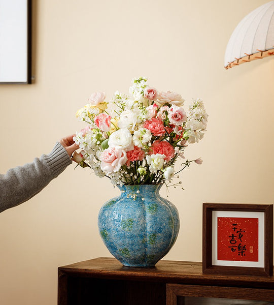 Centerpiece on Dining Table, Blue Flower Vase on Table, Handmade Water Holding Flower Vases, Pottery Flower Vases, Modern Bouquet Flower Vases-Paintingforhome