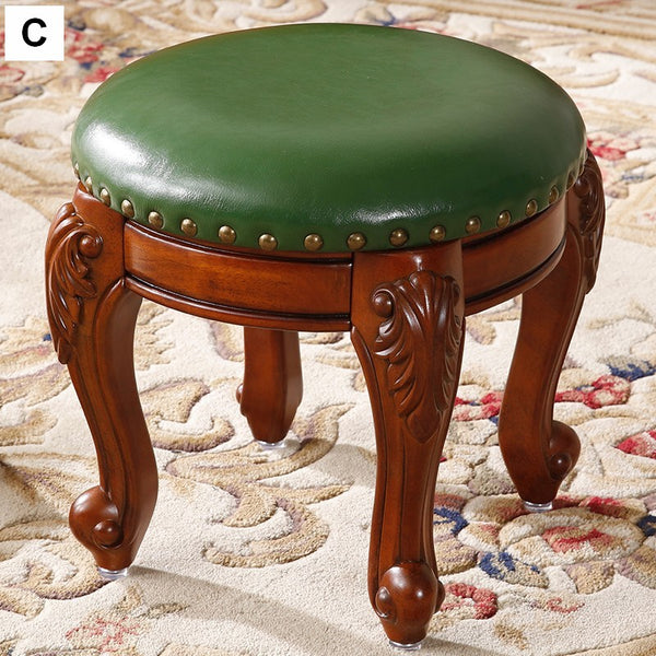 Solid Wood Ottoman, Rubberwood Entry Bench, Vanity Stool, Genuine Leather Solid Wood Entry Bench, Vintage Round Stool-Paintingforhome