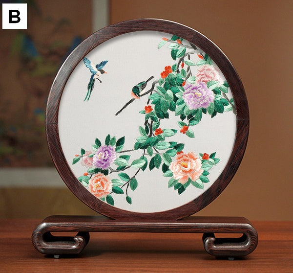 Creative Birthday Gift, Premium Souvenir, Elegant Silk Embroidery Ornaments, Traditional Chinese Suzhou Flower and Birds Silk Embroidery, Exclusive Business Presents-Paintingforhome