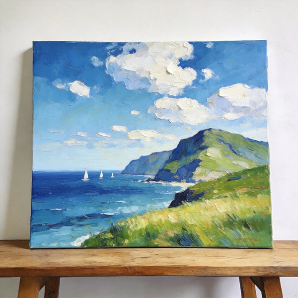 Hand Painted Canvas Art, Sailboats Beneath the Coastal Clouds, Original Small Paintings, Original Oil Paintings, Buy Small Artwork Online, Small Canvas Wall Art Paintings-Paintingforhome