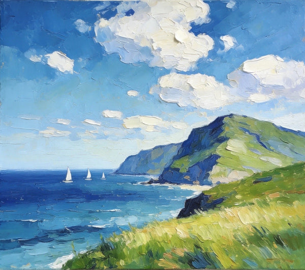 Hand Painted Canvas Art, Sailboats Beneath the Coastal Clouds, Original Small Paintings, Original Oil Paintings, Buy Small Artwork Online, Small Canvas Wall Art Paintings-Paintingforhome