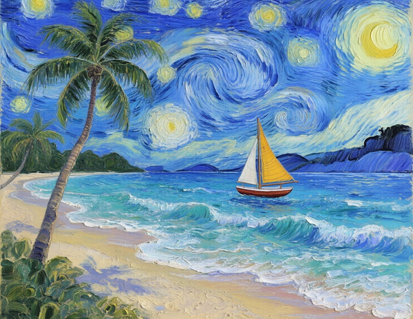 Starry Night by the Sea, Original Oil Paintings, Small Landscape Paintings, Small Oil Paintings on Canvas, Small Paintings on Canvas, Hand Painted Canvas Art-Paintingforhome