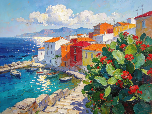 Small Canvas Art, Vibrant Coastal Village, Colorful Houses by the Sea, Original Wall Paintings, On Canvas Small Paintings, Original Artwork Small Paintings, Small Landscape Paintings-Paintingforhome