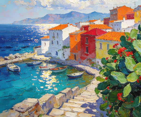 Small Canvas Art, Vibrant Coastal Village, Colorful Houses by the Sea, Original Wall Paintings, On Canvas Small Paintings, Original Artwork Small Paintings, Small Landscape Paintings-Paintingforhome