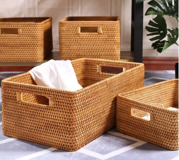 Storage Basket for Shelves, Large Rectangular Storage Baskets, Storage Baskets for Kitchen, Woven Rattan Storage Baskets for Bedroom-Paintingforhome
