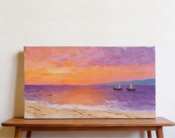 Original Seascape Paintings, Amber Dusk Over the Quiet Shore‌, Sunset Paintings, Small Canvas Wall Art Paintings, Hand Painted Canvas Art-Paintingforhome