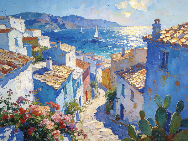 Small Oil Paintings on Canvas, A Mediterranean Seaside Resort Town, Hand Painted Canvas Art, Impasto Artwork, Original Oil Paintings, Small Landscape Paintings on Wall-Paintingforhome