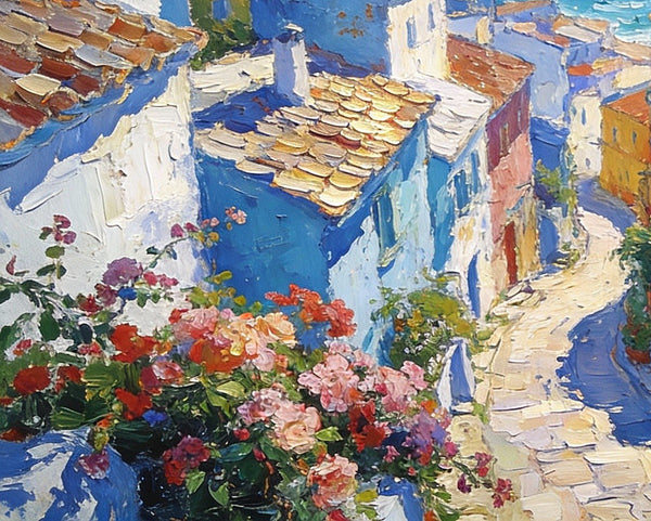 Small Oil Paintings on Canvas, A Mediterranean Seaside Resort Town, Hand Painted Canvas Art, Impasto Artwork, Original Oil Paintings, Small Landscape Paintings on Wall-Paintingforhome